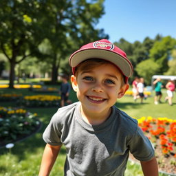 A young boy happily playing in a park, wearing an Arsenal cap, with a big smile on his face