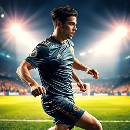 A stunning portrait of a professional football player in a dynamic action pose, showcasing exceptional athleticism and focus