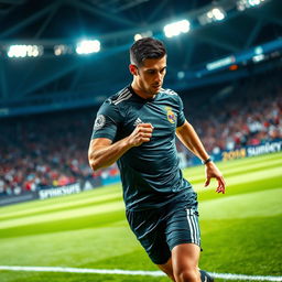 A stunning portrait of a professional football player in a dynamic action pose, showcasing exceptional athleticism and focus