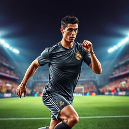 A stunning portrait of a professional football player in a dynamic action pose, showcasing exceptional athleticism and focus