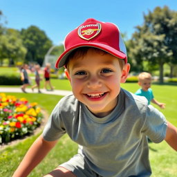 A young boy happily playing in a park, wearing an Arsenal cap, with a big smile on his face