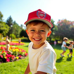 A young boy happily playing in a park, wearing an Arsenal cap, with a big smile on his face