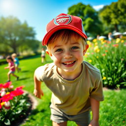 A young boy happily playing in a park, wearing an Arsenal cap, with a big smile on his face