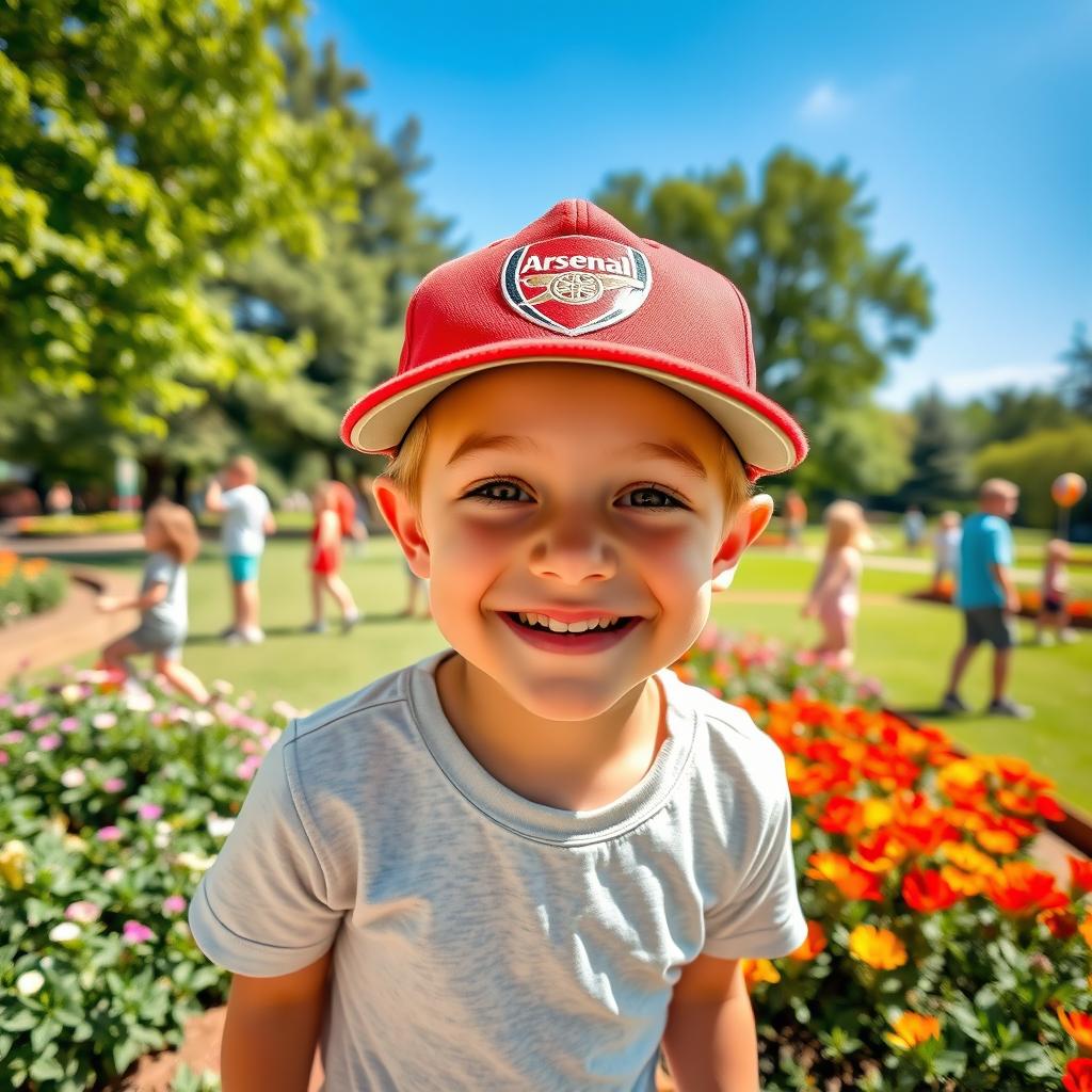 A young boy happily playing in a park, wearing an Arsenal cap, with a big smile on his face