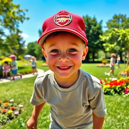 A young boy happily playing in a park, with a big smile on his face, now wearing an Arsenal cap