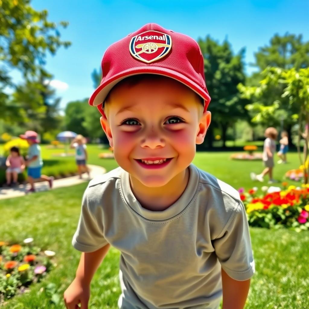 A young boy happily playing in a park, with a big smile on his face, now wearing an Arsenal cap