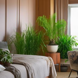 Variety of verdant houseplants arranged tastefully in a cozy and stylish bedroom