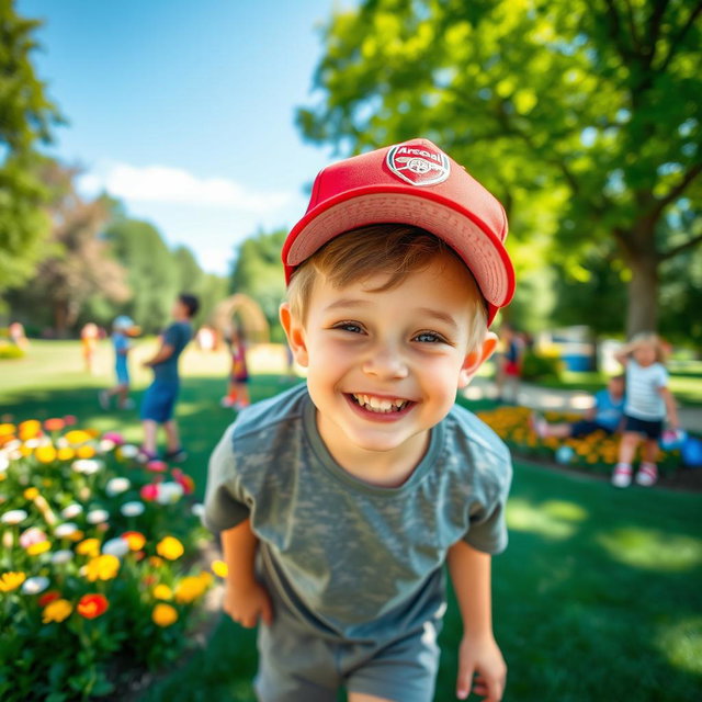A young boy happily playing in a park, with a big smile on his face, now wearing an Arsenal cap