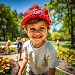 A young boy happily playing in a park, with a big smile on his face, now wearing an Arsenal cap