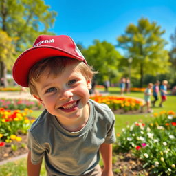 A young boy happily playing in a park, with a big smile on his face, now wearing an Arsenal cap