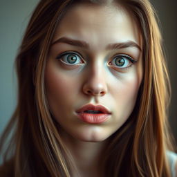 A close-up portrait of a young woman with a striking expression, her features reminiscent of a popular actress