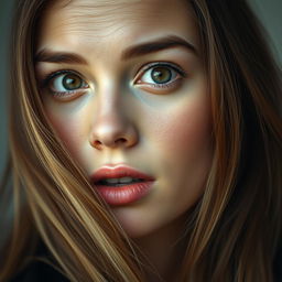 A close-up portrait of a young woman with a striking expression, her features reminiscent of a popular actress