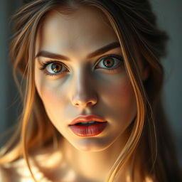 A close-up portrait of a young woman with a striking expression, her features reminiscent of a popular actress