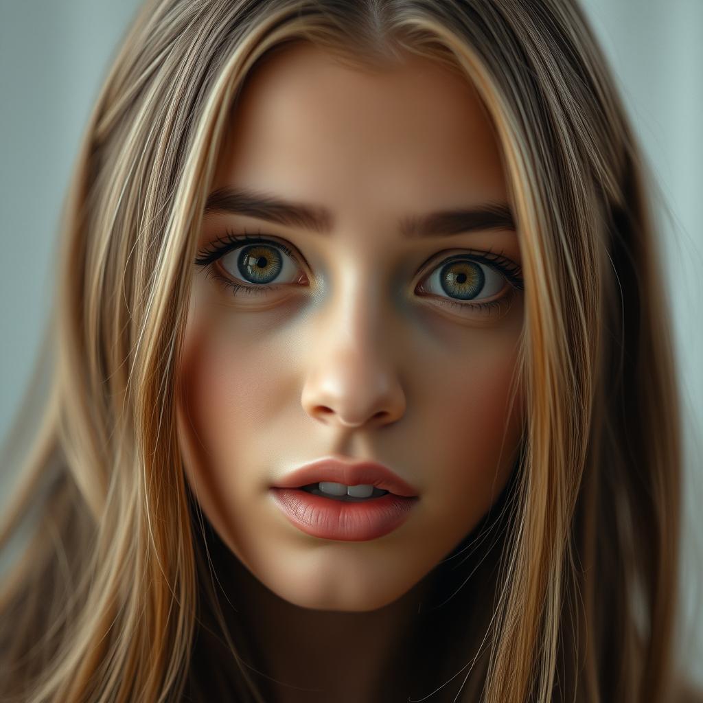 A close-up portrait of a young woman with a striking expression, her features reminiscent of a popular actress