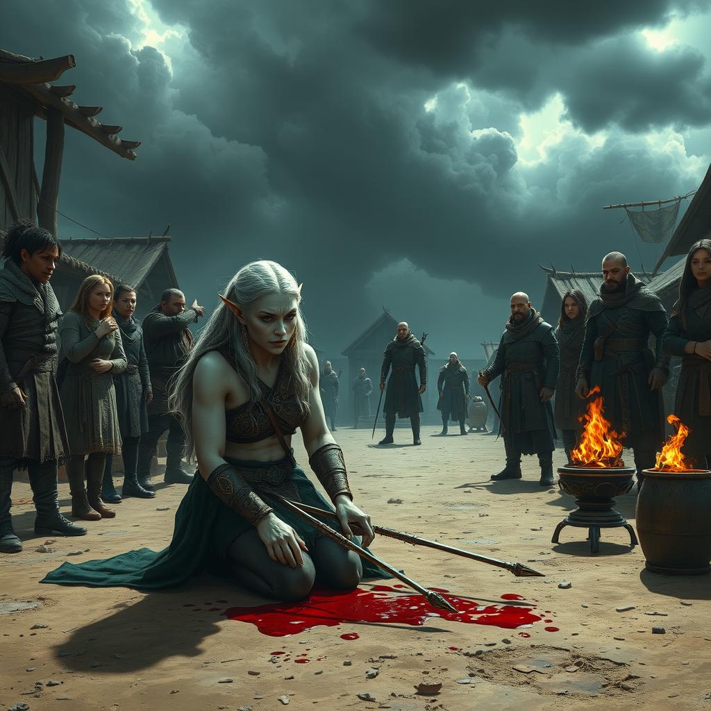 In a dusty town square of Greenwood Camp, a pale Shadar-Kai elf named Sebille kneels, blood pooling beneath her from two crossbow bolts piercing her chest