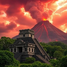 A stunning landscape featuring an ancient Mayan temple, intricately designed with stone carvings and surrounded by lush greenery