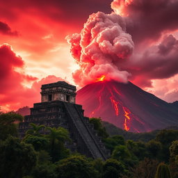 A stunning landscape featuring an ancient Mayan temple, intricately designed with stone carvings and surrounded by lush greenery