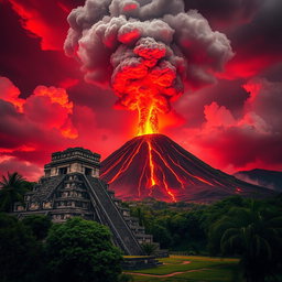 A stunning landscape featuring an ancient Mayan temple, intricately designed with stone carvings and surrounded by lush greenery