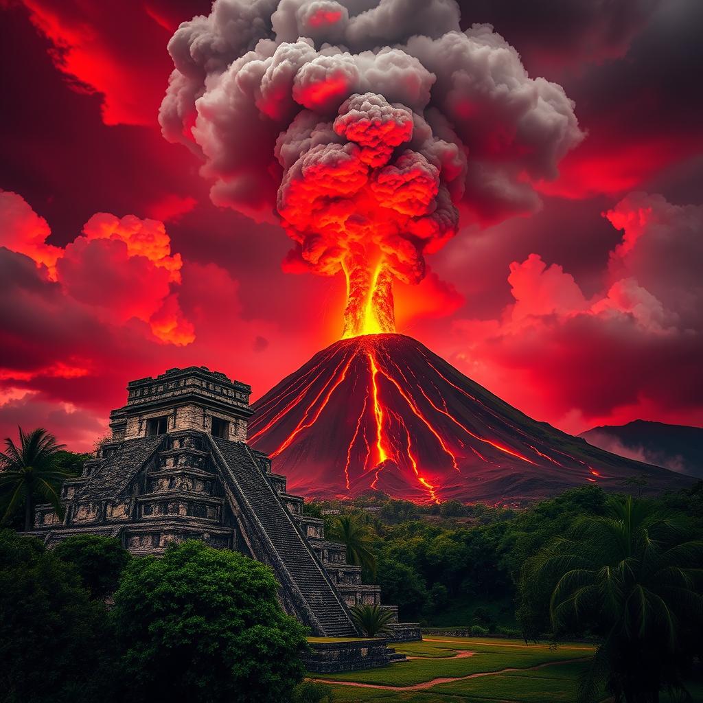 A stunning landscape featuring an ancient Mayan temple, intricately designed with stone carvings and surrounded by lush greenery