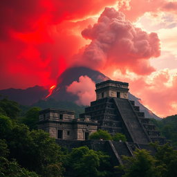 A stunning landscape featuring an ancient Mayan temple, intricately designed with stone carvings and surrounded by lush greenery