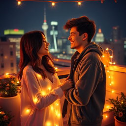 A creative reimagining featuring two young adult characters, inspired by the vibe of a secret romantic encounter in a vibrant urban setting
