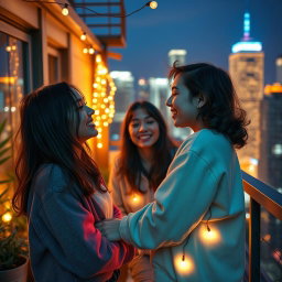 A creative reimagining featuring two young adult characters, inspired by the vibe of a secret romantic encounter in a vibrant urban setting