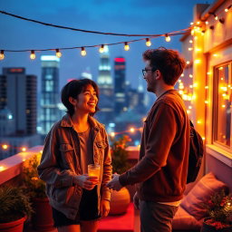A creative reimagining featuring two young adult characters, inspired by the vibe of a secret romantic encounter in a vibrant urban setting
