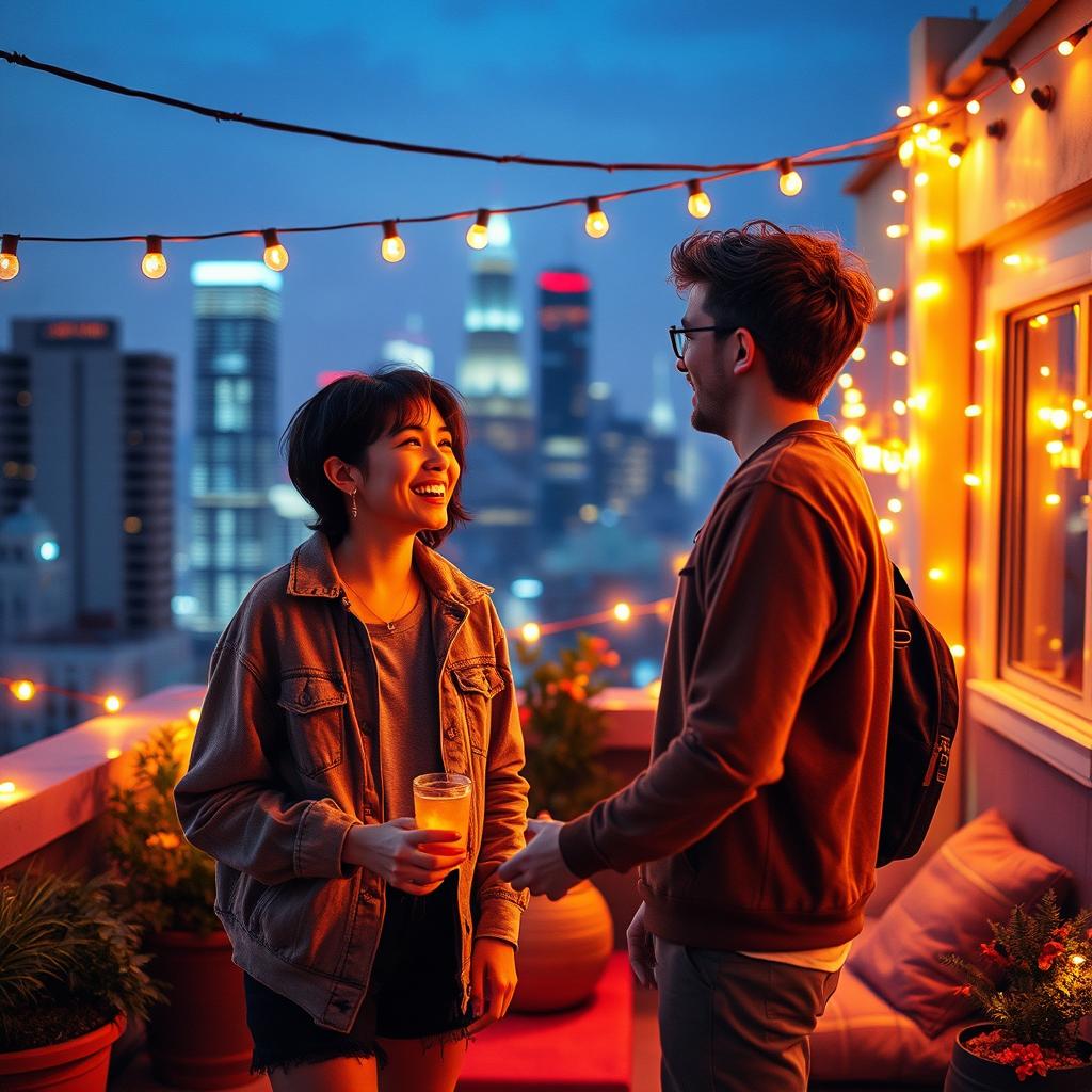 A creative reimagining featuring two young adult characters, inspired by the vibe of a secret romantic encounter in a vibrant urban setting