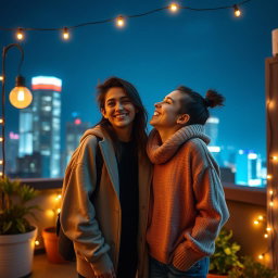 A creative reimagining featuring two young adult characters, inspired by the vibe of a secret romantic encounter in a vibrant urban setting