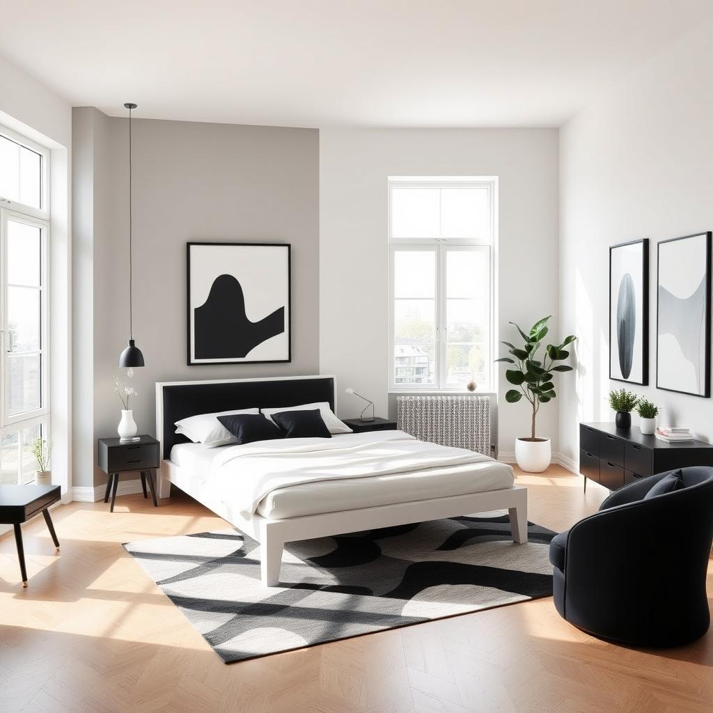 A modern bedroom interior featuring a minimalist design with black and white furniture