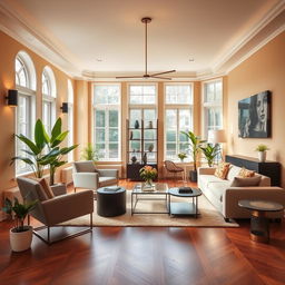 A beautifully styled room with modern designer furniture while keeping the existing color palette of the space