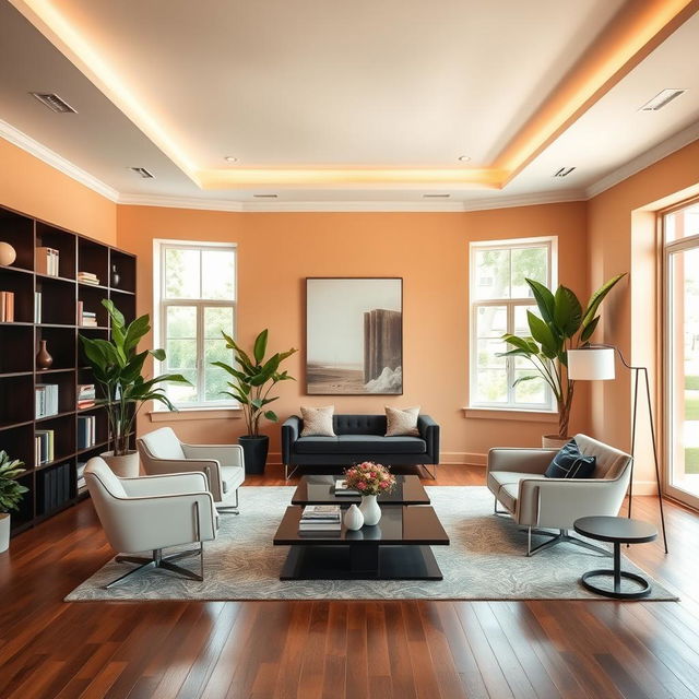 A beautifully styled room with modern designer furniture while keeping the existing color palette of the space