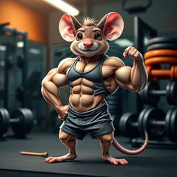 A fantastically muscular mouse, showcasing impressive bodybuilder physique with bulging biceps and defined abs, standing confidently on two legs