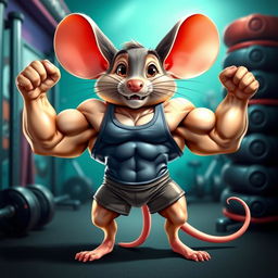 A fantastically muscular mouse, showcasing impressive bodybuilder physique with bulging biceps and defined abs, standing confidently on two legs