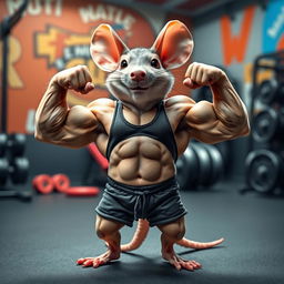 A fantastically muscular mouse, showcasing impressive bodybuilder physique with bulging biceps and defined abs, standing confidently on two legs