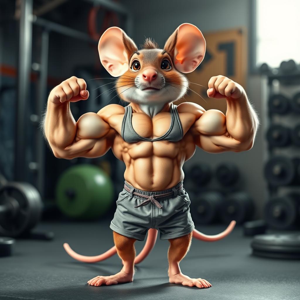 A fantastically muscular mouse, showcasing impressive bodybuilder physique with bulging biceps and defined abs, standing confidently on two legs