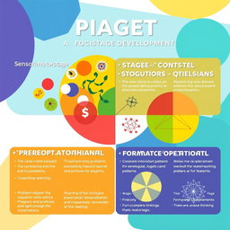 An abstract poster visually representing Piaget's four stages of cognitive development: Sensorimotor, Preoperational, Concrete Operational, and Formal Operational