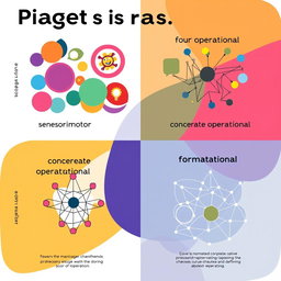 An abstract poster visually representing Piaget's four stages of cognitive development: Sensorimotor, Preoperational, Concrete Operational, and Formal Operational