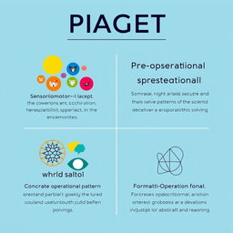 An abstract poster visually representing Piaget's four stages of cognitive development: Sensorimotor, Preoperational, Concrete Operational, and Formal Operational