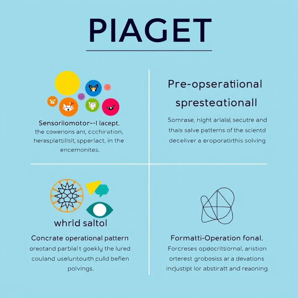 An abstract poster visually representing Piaget's four stages of cognitive development: Sensorimotor, Preoperational, Concrete Operational, and Formal Operational