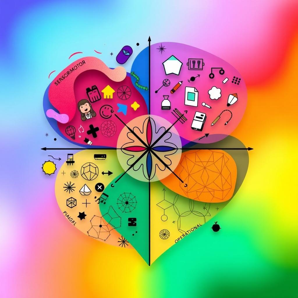 An abstract composition representing Piaget's four stages of cognitive development: Sensorimotor, Preoperational, Concrete Operational, and Formal Operational