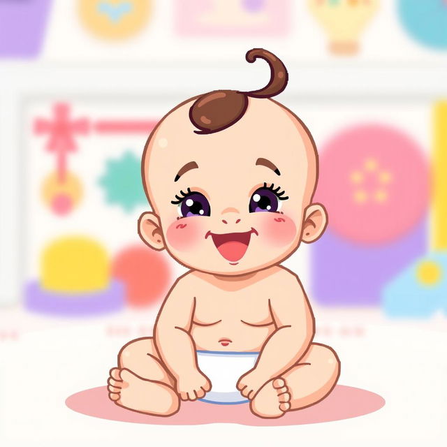 A 7-month-old baby wearing only a diaper, with a cute curl of hair on top of their head