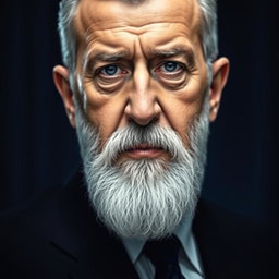 A portrait of Bashar al-Assad with a prominent white beard, showcasing a serious expression