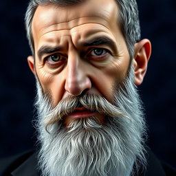 A portrait of Bashar al-Assad with a prominent white beard, showcasing a serious expression