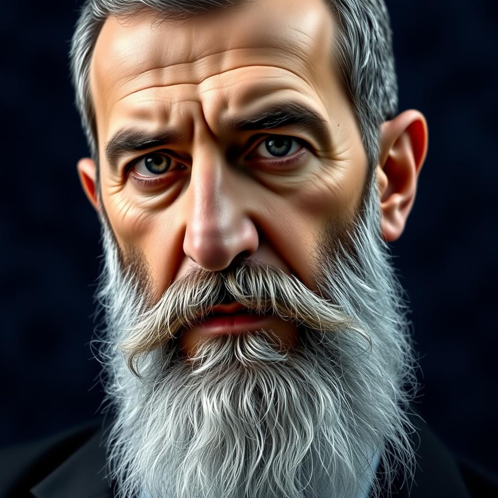 A portrait of Bashar al-Assad with a prominent white beard, showcasing a serious expression