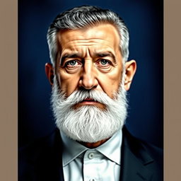 A portrait of Bashar al-Assad with a prominent white beard, showcasing a serious expression