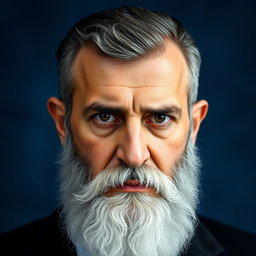 A portrait of Bashar al-Assad with a prominent white beard, showcasing a serious expression