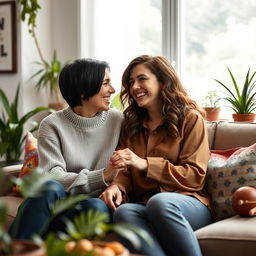 A loving lesbian couple sitting together in a cozy living room
