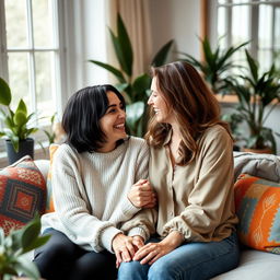 A loving lesbian couple sitting together in a cozy living room