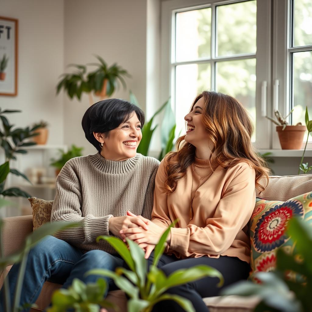 A loving lesbian couple sitting together in a cozy living room